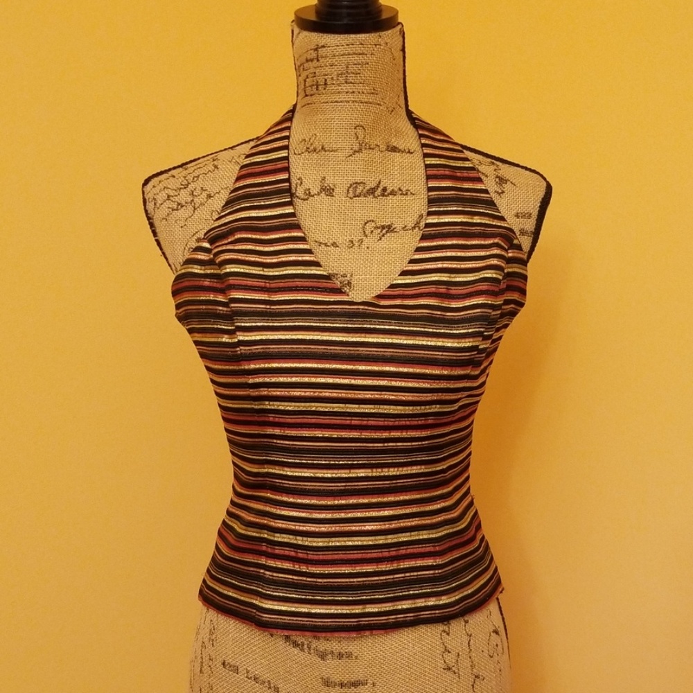 Xscape by Lawrence Kurtz halter gold stripe top Z2
